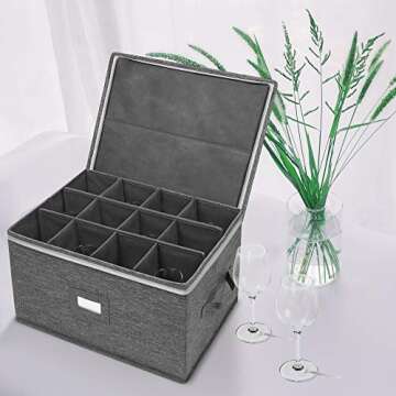 Stemware Storage Cases, Wine Glass Storage Box Containers for Glassware or Crystal, Holds 12 Red or White Wine Glasses, Hard Top and Sides (Grey)