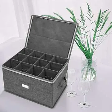Stemware Storage Cases, Wine Glass Storage Box Containers for Glassware or Crystal, Holds 12 Red or White Wine Glasses, Hard Top and Sides (Grey)