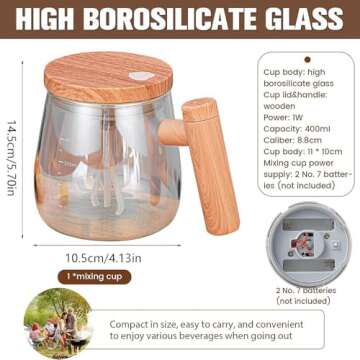 Crmanedy Self Stirring Mug，Electric Glass Mixing Cup with Handle & Lid，400ML Electric High Speed...