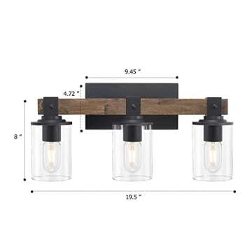 DRNANLIT Wood Vanity Lights,3-Light Farmhouse Bathroom Lighting Fixtures with Clear Glass Shade,Indu...