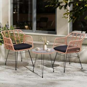 KROFEM 3 Piece Wicker Patio Bistro Furniture Set, Includes 2 Rattan Chairs and Glass Top Table, Idea...