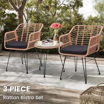 KROFEM 3 Piece Wicker Patio Bistro Furniture Set, Includes 2 Rattan Chairs and Glass Top Table, Ideal for Porch, Outdoor, Backyard, Apartment, Balcony, Natural