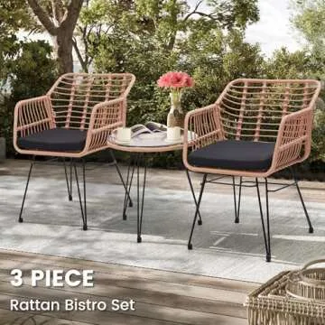 KROFEM 3 Piece Wicker Patio Bistro Furniture Set, Includes 2 Rattan Chairs and Glass Top Table, Ideal for Porch, Outdoor, Backyard, Apartment, Balcony, Natural