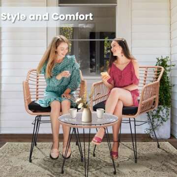 KROFEM 3 Piece Wicker Patio Bistro Furniture Set, Includes 2 Rattan Chairs and Glass Top Table, Ideal for Porch, Outdoor, Backyard, Apartment, Balcony, Natural