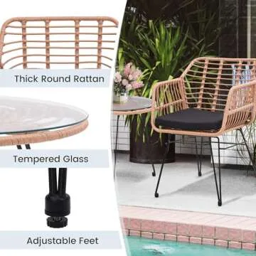 KROFEM 3 Piece Wicker Patio Bistro Furniture Set, Includes 2 Rattan Chairs and Glass Top Table, Ideal for Porch, Outdoor, Backyard, Apartment, Balcony, Natural