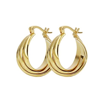 NewZenro Three Hoops Flat Stainless Steel 14K Yellow Gold Fashion Wide Chunky Hoop Earrings for Wome...