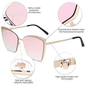 SOJOS Cateye Sunglasses for Women Fashion Mirrored Lens Metal Frame SJ1086 with Gold Frame/Gradient Pink Mirrored Lens