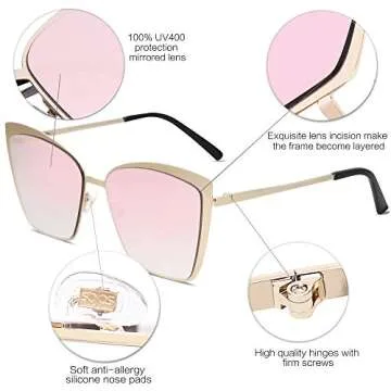 SOJOS Cateye Sunglasses for Women Fashion Mirrored Lens Metal Frame SJ1086 with Gold Frame/Gradient Pink Mirrored Lens