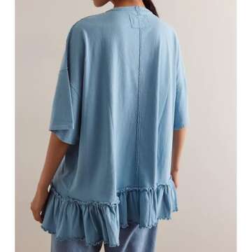 Yozazzy Womens Oversized Tee Shirt Casual Short Sleeve Ruffle Hem Shirts Loose Crew Neck Summer Tops(Blue-M)