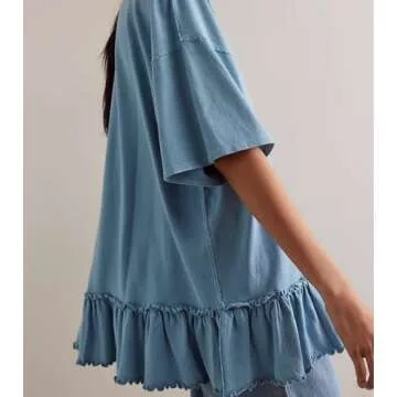 Yozazzy Womens Oversized Tee Shirt Casual Short Sleeve Ruffle Hem Shirts Loose Crew Neck Summer Tops(Blue-M)