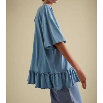 Yozazzy Womens Oversized Tee Shirt Casual Short Sleeve Ruffle Hem Shirts Loose Crew Neck Summer Tops(Blue-M)