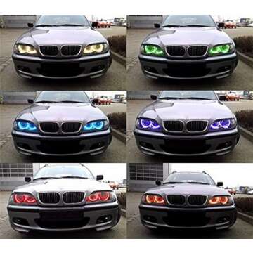 iJDMTOY 4pc Set 7-Color RGB LED Angel Eye Halo Rings w/Adjustable Setting Compatible with BMW E39 E46 3 5 7 Series Xenon Trim