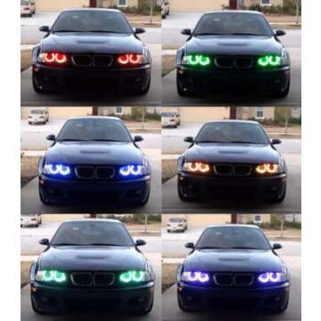 iJDMTOY 4pc Set 7-Color RGB LED Angel Eye Halo Rings w/Adjustable Setting Compatible with BMW E39 E46 3 5 7 Series Xenon Trim