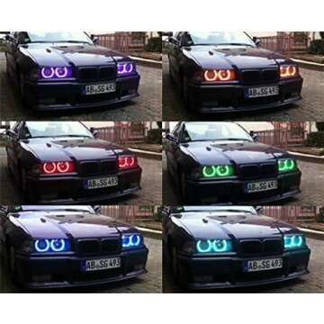 iJDMTOY 4pc Set 7-Color RGB LED Angel Eye Halo Rings w/Adjustable Setting Compatible with BMW E39 E46 3 5 7 Series Xenon Trim