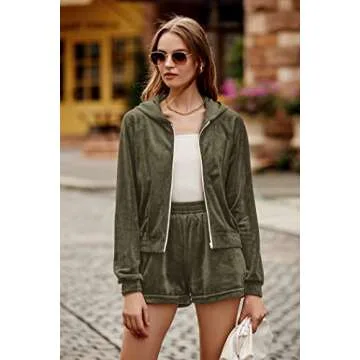PRETTYGARDEN Women's 2 Piece Velour Tracksuit Casual Long Sleeve Zip Up Hoodie And Shorts Set Jogger Outfits (Army Green,Small)