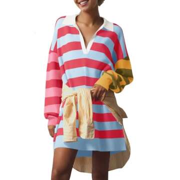 Saodimallsu Womens Striped Oversized Sweater Dress V Neck Collared Color Block Knit Long Sleeve Mini Dresses