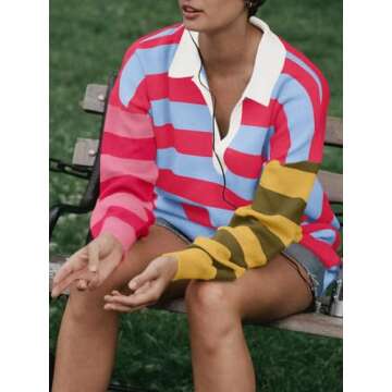 Saodimallsu Womens Striped Oversized Sweater Dress V Neck Collared Color Block Knit Long Sleeve Mini Dresses