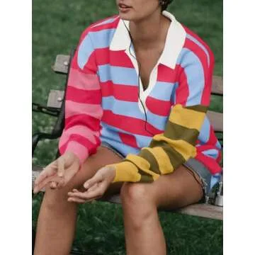 Saodimallsu Womens Striped Oversized Sweater Dress V Neck Collared Color Block Knit Long Sleeve Mini Dresses