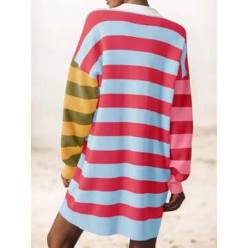 Saodimallsu Womens Striped Oversized Sweater Dress V Neck Collared Color Block Knit Long Sleeve Mini Dresses
