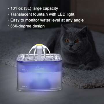 Crystal Cat Water Fountain Stainless Steel, 101oz/3L Pet Fountain with LED Light for Cats and Dogs (...