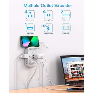Surge Protector Outlet Extender - 11 in 1 Multi Plug with 3 USB Charger