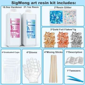 Epoxy Resin Clear Crystal Coating Kit 40oz - 2 Part Casting Resin for Art, Craft, Jewelry Making, River Tables, Bonus Gloves, Measuring Cup, Wooden Sticks, Dropper, Gold Foil Flakes and Tweezers