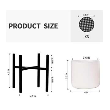 WUHOSTAM 4 Inch White Succulent Pots,Ceramic Flower Plant Pot with Black Metal Plant Stand,Modern Plants Containers for Home Decor, Office & Outdoor - 3 Pack(with Grid Mat) Plants Not Included