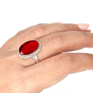 JEWELOPORIUM Red Ruby Simulated Silver Ring Size 7, 925 Sterling Silver Ring for Women, Chunky Oval ...
