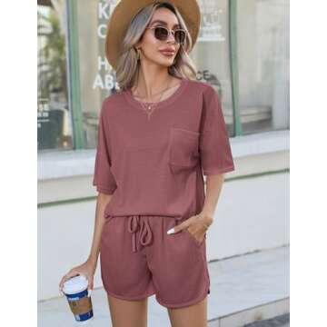 Andeip Womens Lounge Sets Soft Cozy Pajama Set Short Sleeve Top and Shorts Outfits with Two Side Poc...