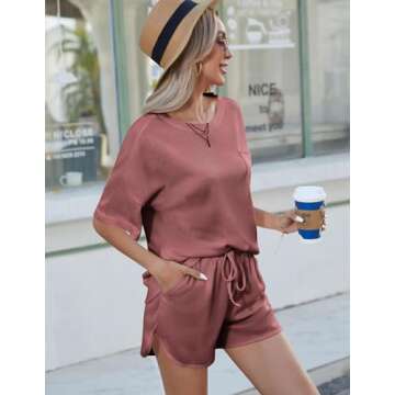 Andeip Womens Lounge Sets Soft Cozy Pajama Set Short Sleeve Top and Shorts Outfits with Two Side Pockets,Red,S