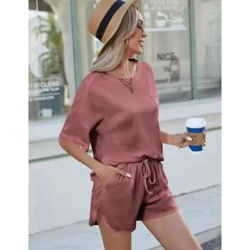 Andeip Womens Lounge Sets Soft Cozy Pajama Set Short Sleeve Top and Shorts Outfits with Two Side Pockets,Red,S