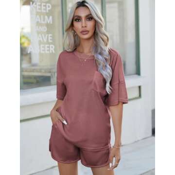 Andeip Womens Lounge Sets Soft Cozy Pajama Set Short Sleeve Top and Shorts Outfits with Two Side Pockets,Red,S