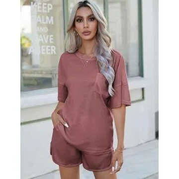 Andeip Womens Lounge Sets Soft Cozy Pajama Set Short Sleeve Top and Shorts Outfits with Two Side Pockets,Red,S