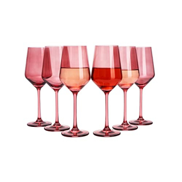 Red Rose Colored Wine Glass Set, Large 12 oz Glasses Set of 6, Unique Italian Style Tall Stemmed for...