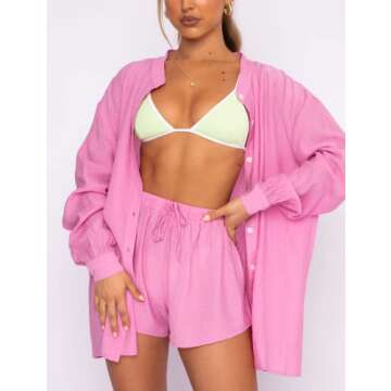 KMBANGI Women Casual Two Piece Shorts Set Loose Button Cardigan Shirt Elastic Waist Lounge Shorts Tracksuit Sumer Outfits (Shirt Rose Pink,M)