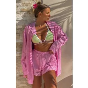 KMBANGI Women Casual Two Piece Shorts Set Loose Button Cardigan Shirt Elastic Waist Lounge Shorts Tracksuit Sumer Outfits (Shirt Rose Pink,M)