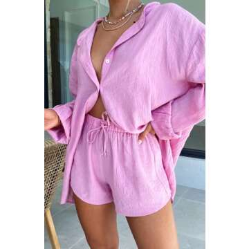 KMBANGI Women Casual Two Piece Shorts Set Loose Button Cardigan Shirt Elastic Waist Lounge Shorts Tracksuit Sumer Outfits (Shirt Rose Pink,M)