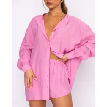 KMBANGI Women Casual Two Piece Shorts Set Loose Button Cardigan Shirt Elastic Waist Lounge Shorts Tracksuit Sumer Outfits (Shirt Rose Pink,M)