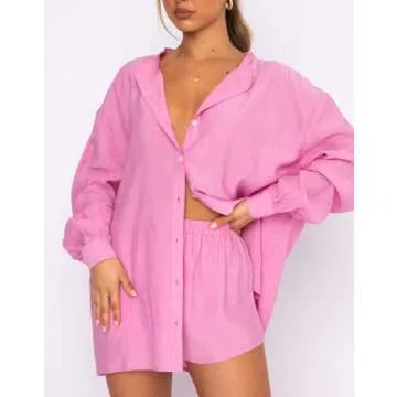 KMBANGI Women Casual Two Piece Shorts Set Loose Button Cardigan Shirt Elastic Waist Lounge Shorts Tracksuit Sumer Outfits (Shirt Rose Pink,M)