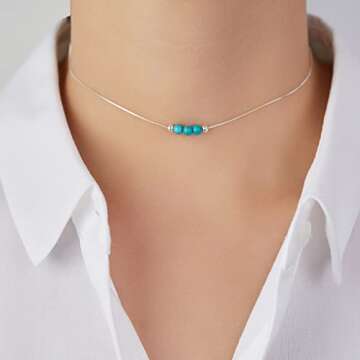 Dainty Turquoise Crystal 925 Sterling Silver Choker Collar Necklace and Women Spiritual Healing Crystal Stone December Birthstone Necklace Box Chain Jewelry Gift for Women Young Lady