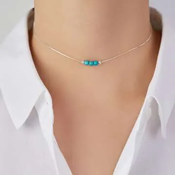 Dainty Turquoise Crystal 925 Sterling Silver Choker Collar Necklace and Women Spiritual Healing Crystal Stone December Birthstone Necklace Box Chain Jewelry Gift for Women Young Lady