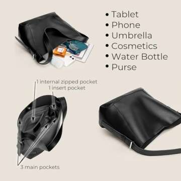 Barsine Leather Bucket Tote Purse for Women Tote Bag and Handbags Shoulder Bag with Pockets and Magnetic Snap,Black