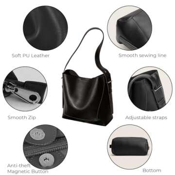 Barsine Leather Bucket Tote Purse for Women Tote Bag and Handbags Shoulder Bag with Pockets and Magnetic Snap,Black