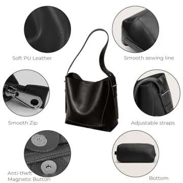 Barsine Leather Bucket Tote Purse for Women Tote Bag and Handbags Shoulder Bag with Pockets and Magnetic Snap,Black