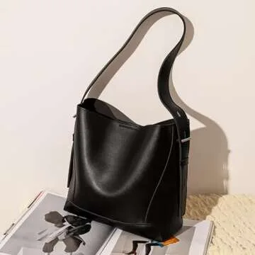Barsine Leather Bucket Tote Purse for Women Tote Bag and Handbags Shoulder Bag with Pockets and Magnetic Snap,Black