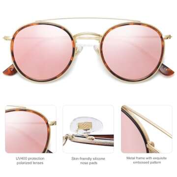 SOJOS Retro Vintage Round Polarized Sunglasses for Women Men Small Double Bridge Circle Sunnies SJ1104, Tortoise/Pink