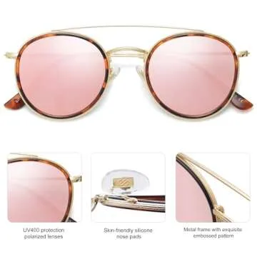 SOJOS Retro Vintage Round Polarized Sunglasses for Women Men Small Double Bridge Circle Sunnies SJ1104, Tortoise/Pink
