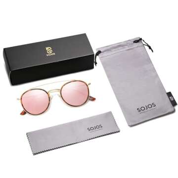 SOJOS Retro Vintage Round Polarized Sunglasses for Women Men Small Double Bridge Circle Sunnies SJ1104, Tortoise/Pink