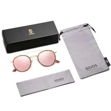 SOJOS Retro Vintage Round Polarized Sunglasses for Women Men Small Double Bridge Circle Sunnies SJ1104, Tortoise/Pink