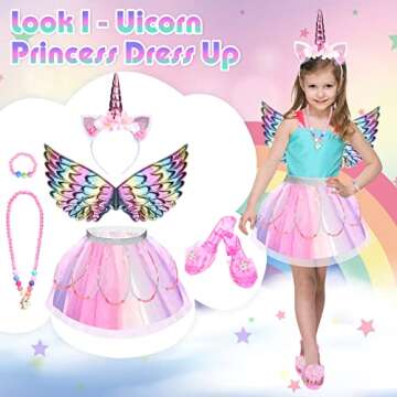 Unicorn & Flower Princess Dress Up Clothes Set for Girls - Tutu, Wings, Shoes, Jewelry, Headband & P...